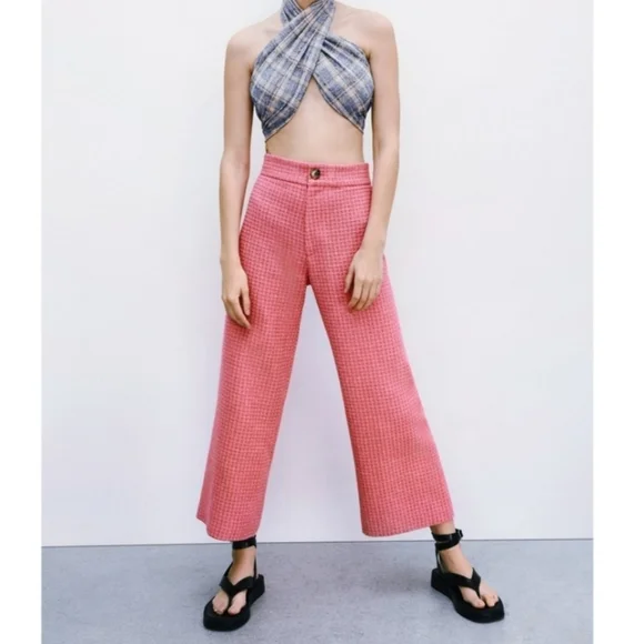 Zara Tweed Textured Wide Leg Cropped Pants Size XL Pink EUC - Picture 6 of 6